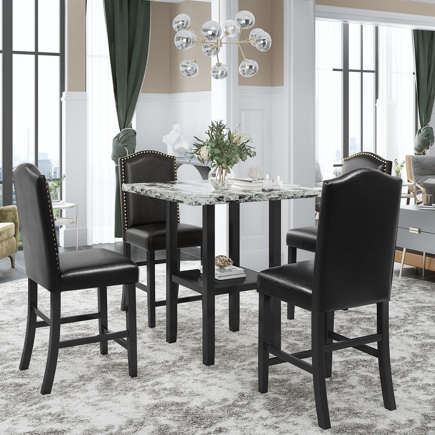 TOPMAX 5 Piece Dining Set with Matching Chairs and Bottom Shelf for Dining Room, Black Chair+Gray Table