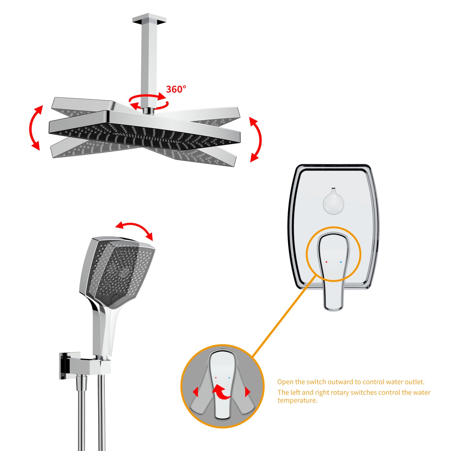 Shower System, Ultra-thin Wall Mounted Shower Faucet Set for Bathroom with High Pressure Big Size Stainless Steel Rain Shower head Handheld Shower Set, Under the water, Chrome