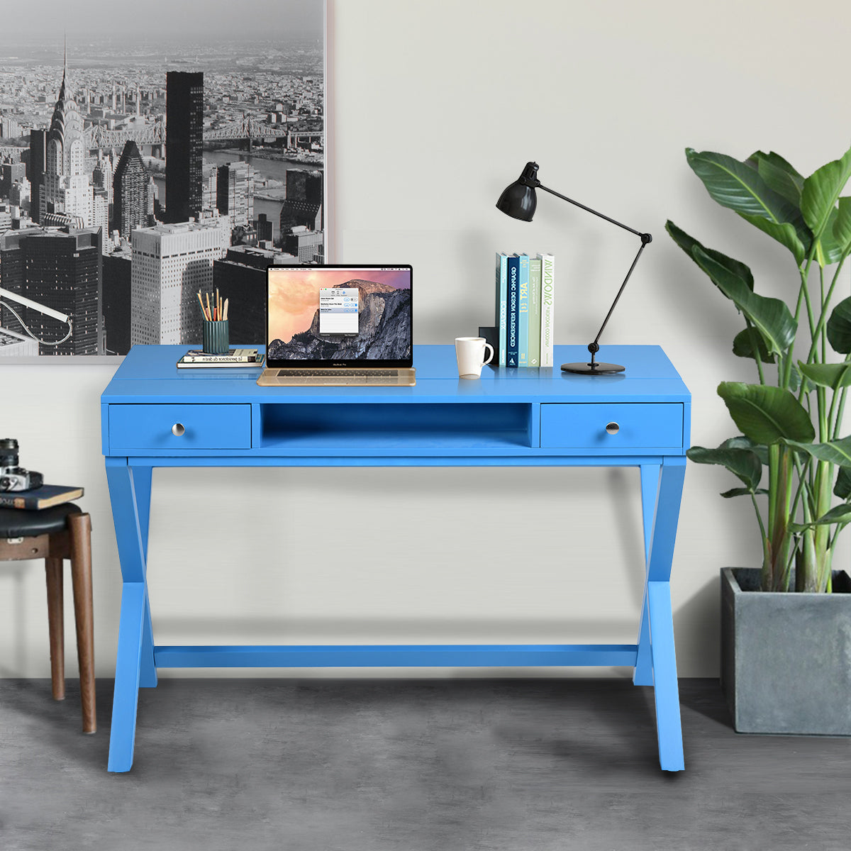 Lift Desk with 2 Drawer Storage, Computer Desk with Lift Table Top, Adjustable Height Table for Home Office, Living Room,BLUE