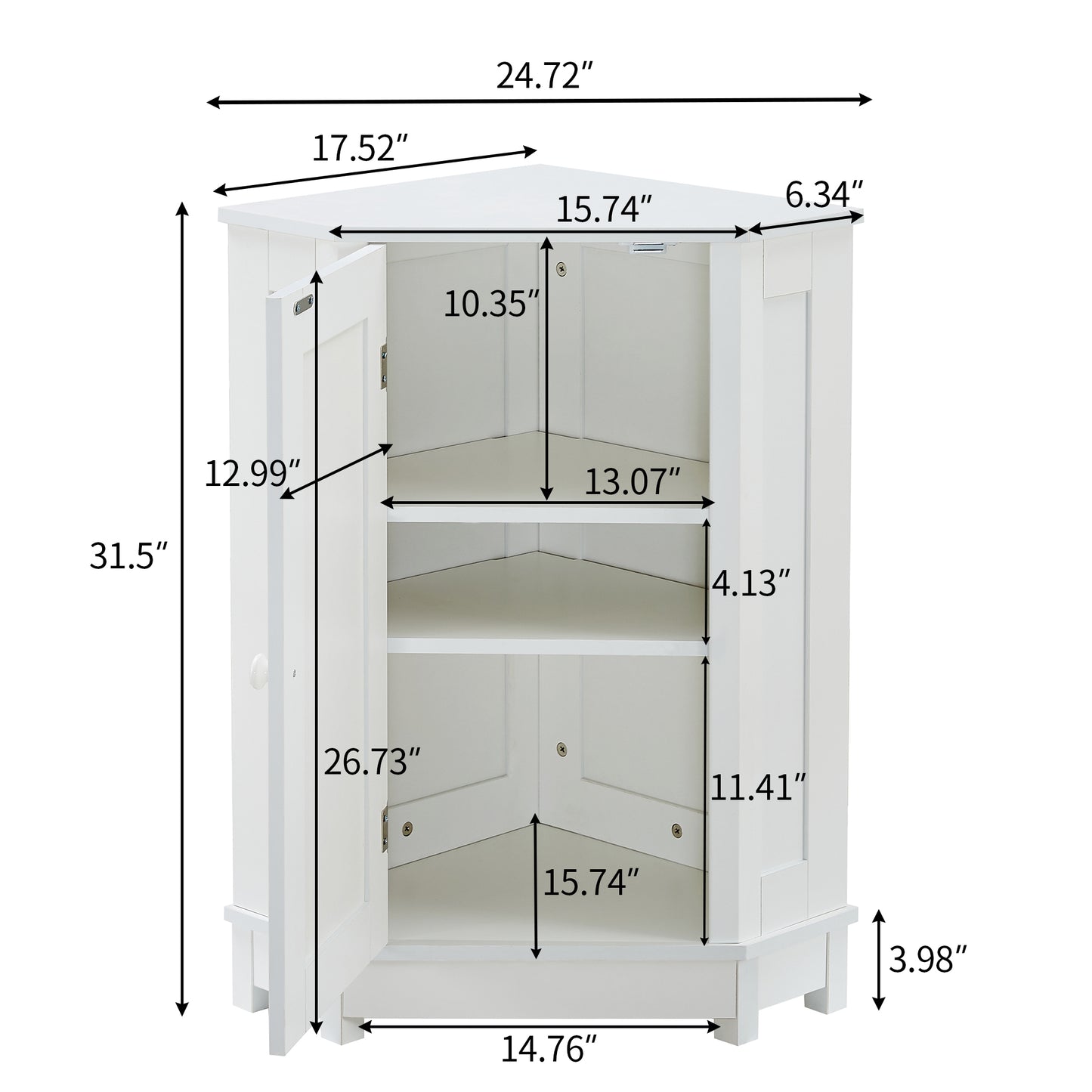 White Bathroom Cabinet Triangle Corner Storage Cabinet with Adjustable Shelf Modern Style MDF Board