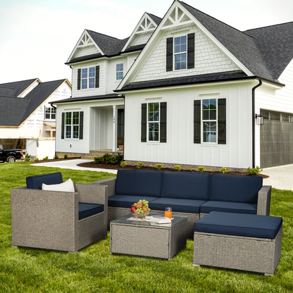 Outdoor Garden Patio Furniture 6-Piece Gray Mix Yellow PE Rattan Wicker Sectional Navy Cushioned Sofa Sets with 1 Beige Pillows