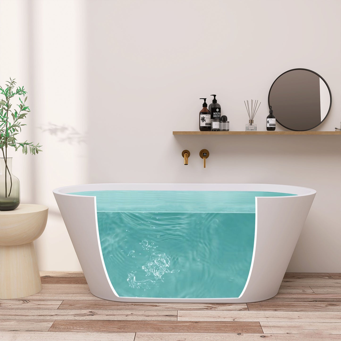 59" Acrylic Freestanding Bathtub, Gracefully Shaped Freestanding Soaking Bathtub with Brushed Nickel Drain & Minimalist Linear Design Overflow White