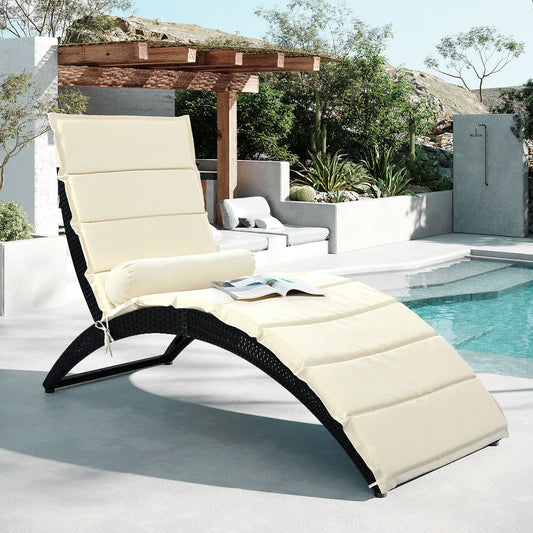 GO Patio Wicker Sun Lounger, PE Rattan Foldable Chaise Lounger with Removable Cushion and Bolster Pillow, Black Wicker and Beige Cushion