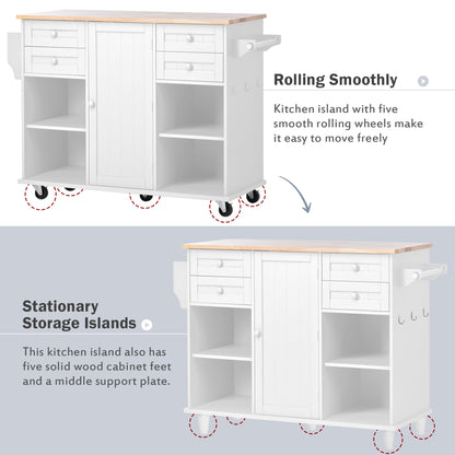 K&K kitchen island cart with Spice Rack, Towel Rack & Drawer,Rubber wood desktop,5 wheels including 4 lockable wheels,52.8inch width (White)