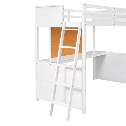 Twin size Loft Bed with Desk and Writing Board, Wooden Loft Bed with Desk - White