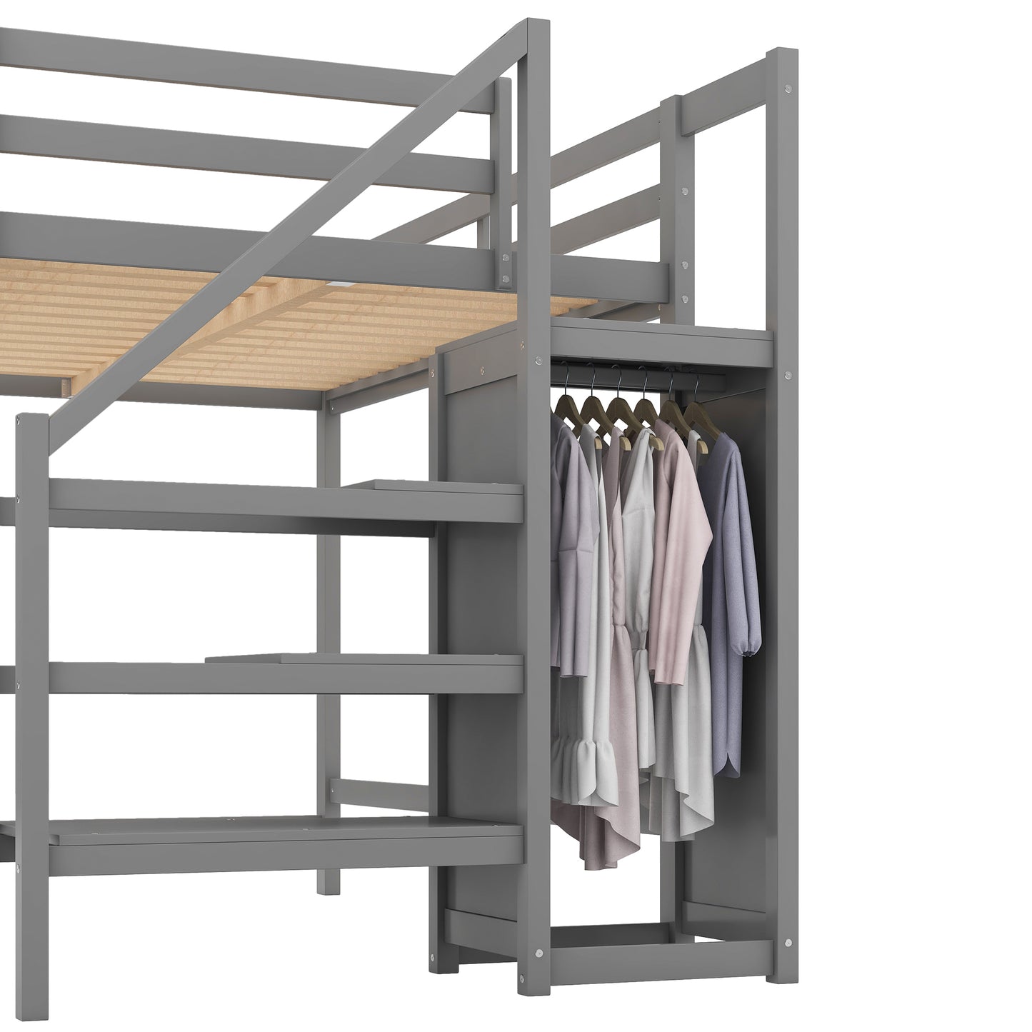 Full Size Loft Bed with Built-in Storage Wardrobe and Staircase,Gray