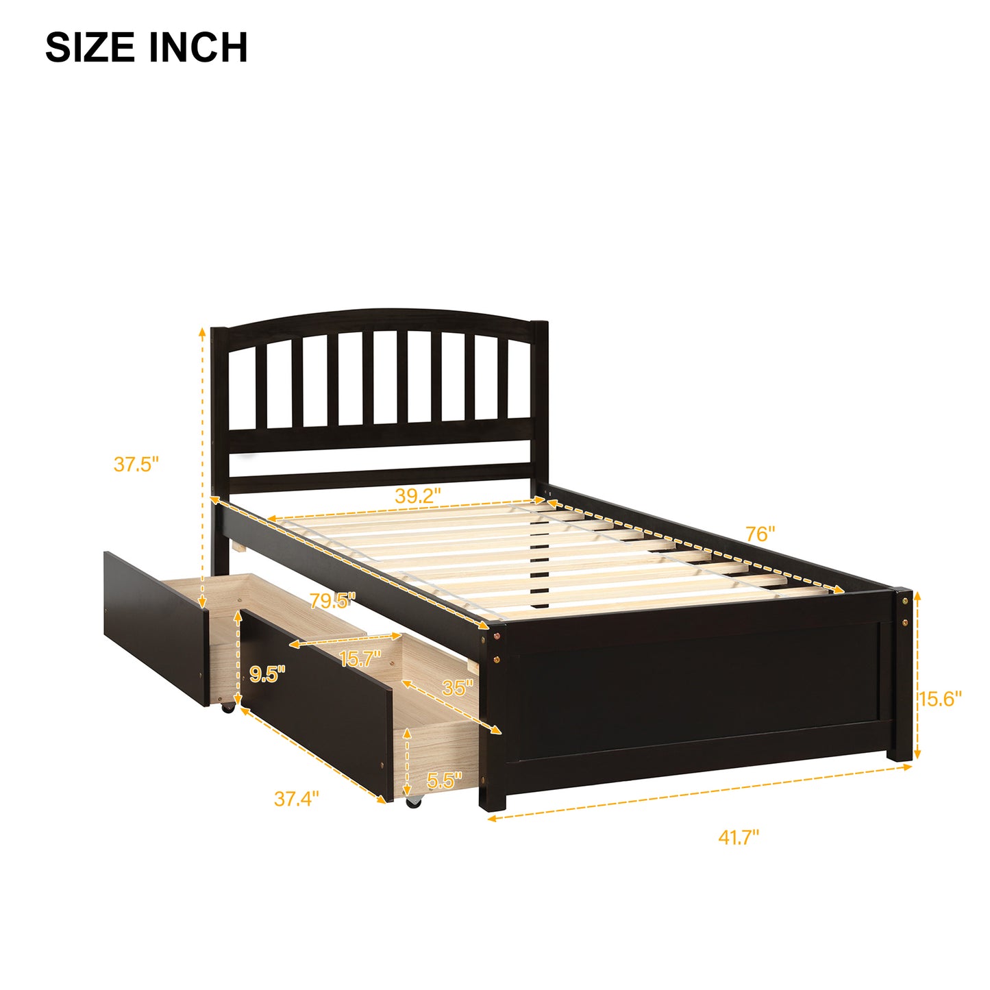 Twin Platform Storage Bed Wood Bed Frame with Two Drawers and Headboard, Espresso（Previous SKU: SF000062PAA）