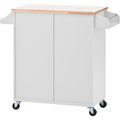 K&K Store Kitchen Cart on 4 Wheels with 2 Drawers and 3 Open Shelves, Kitchen Island with Rubber Wood top for Dinning Room, White