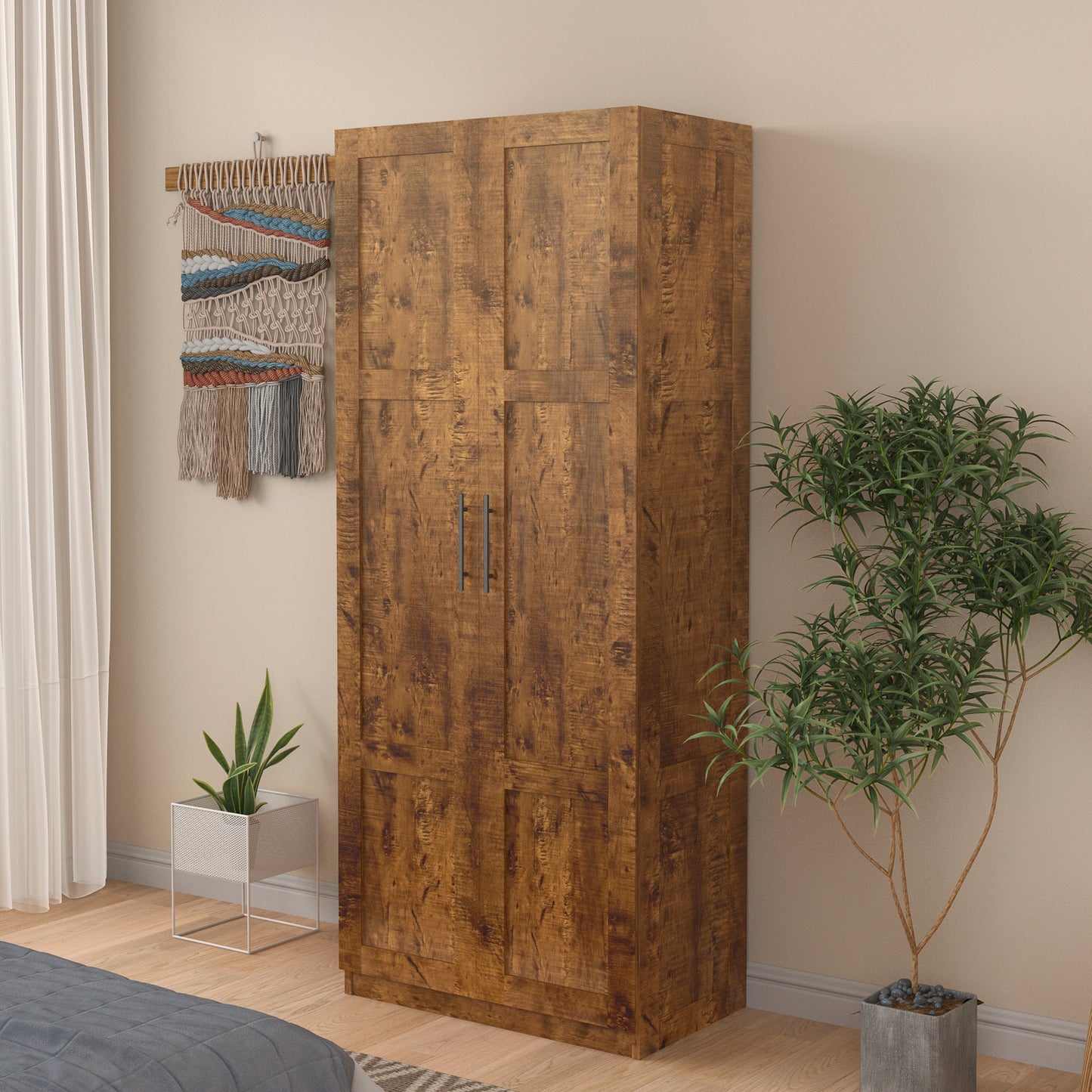 High wardrobe and kitchen cabinet with 2 doors and 3 partitions to separate 4 storage spaces, walnut