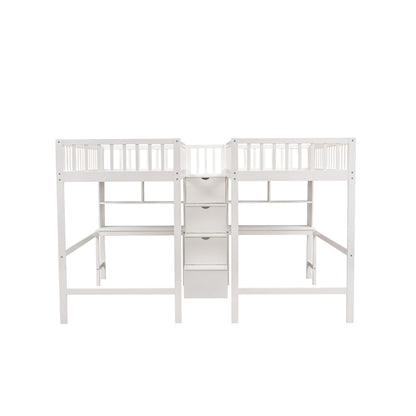 Twin & Twin Size Loft Bed with 2 Built-in Desks and Shelves, Storage Staircase, White