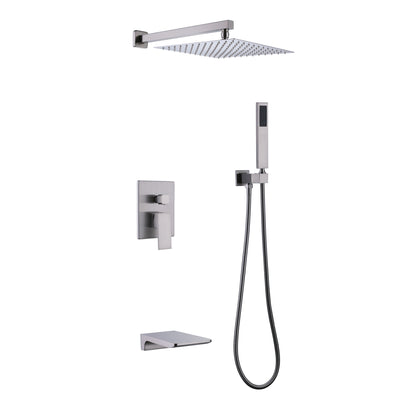 Trustmade Wall Mounted Square Rainfall Pressure Balanced Complteted Shower System with Rough-in Valve, 3 Function, 10 inches Brushed Nickel - 3W02