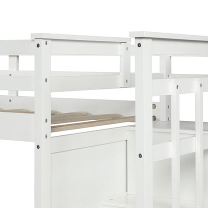 Solid Wood Bunk Bed, Hardwood Twin Over Twin Bunk Bed with Trundle and Staircase, Natural White Finish(OLD SKU :LP000068AAP)