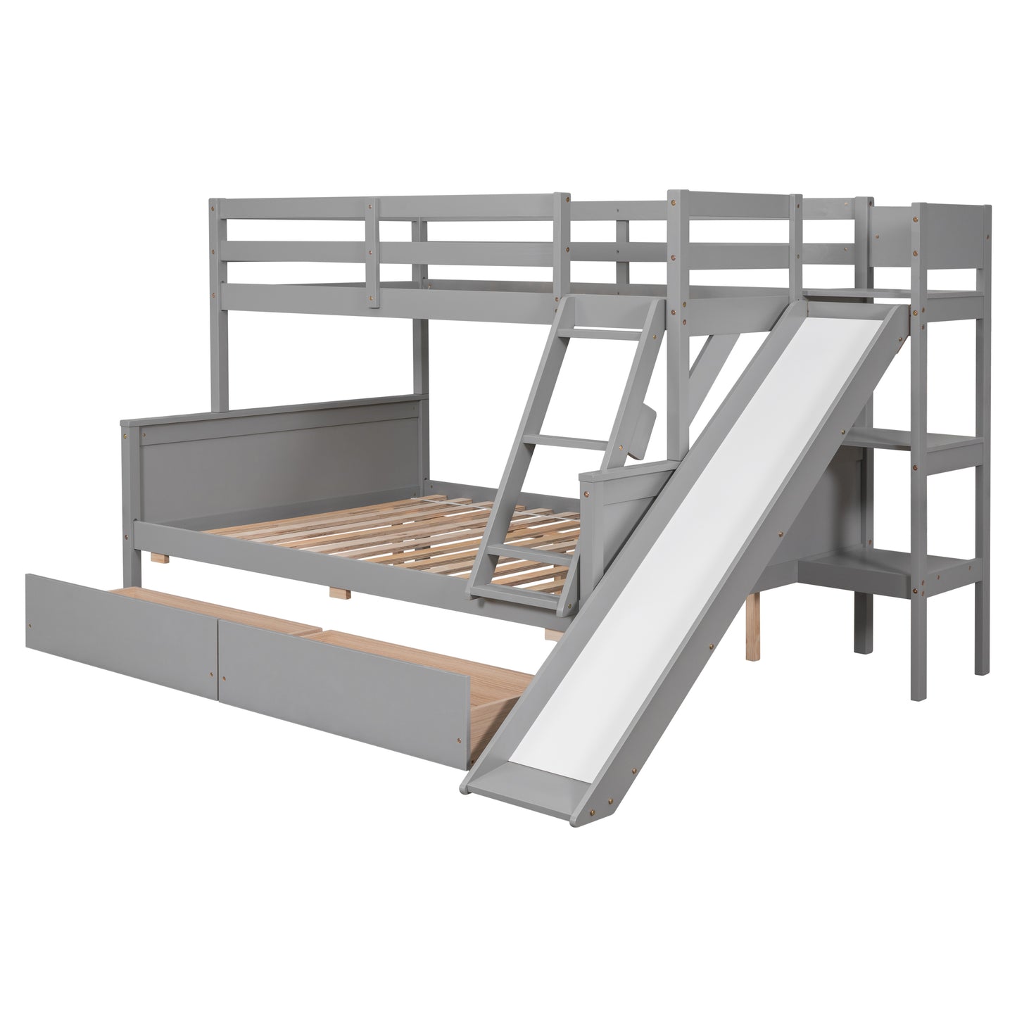 Twin over Full Bunk Bed with 2 Drawers,Slide,Shelves Gray