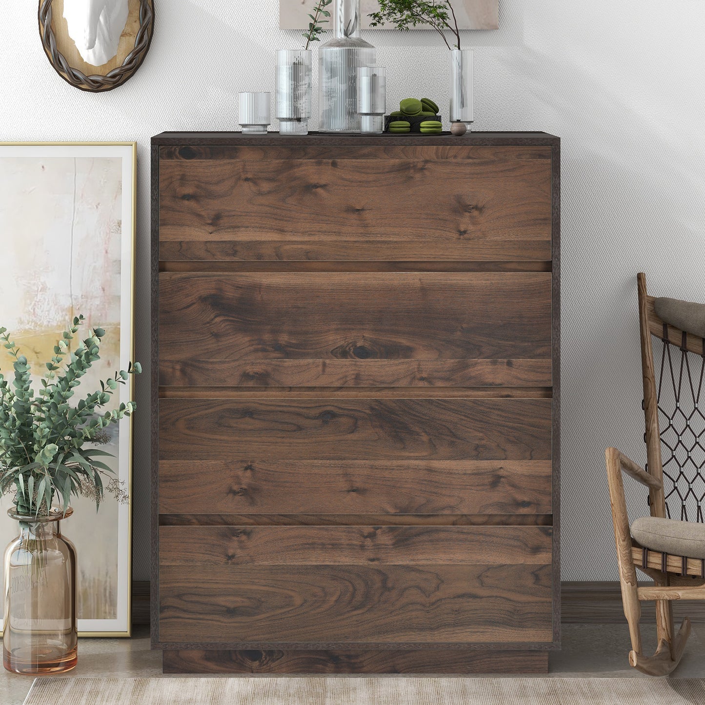 Mid-Century Modern 4 Drawers Chest, Dark Brown