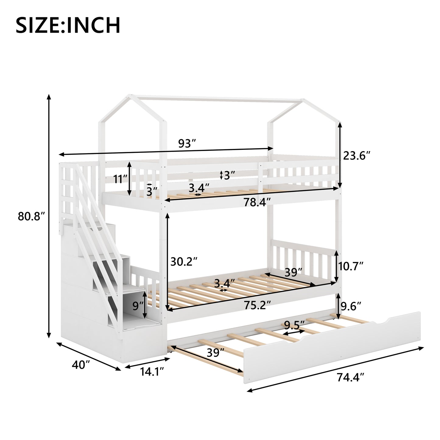 Multifunctional Twin over Twin House Bunk Bed with Staircase and Storage Space,White