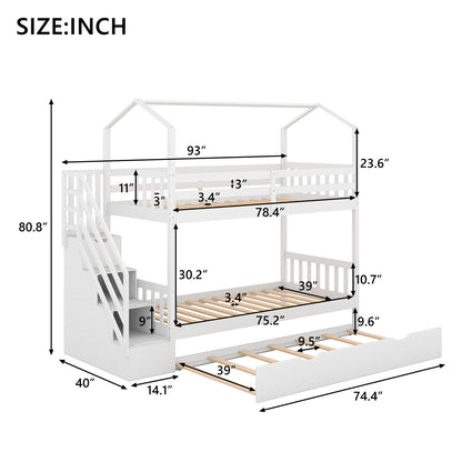 Multifunctional Twin over Twin House Bunk Bed with Staircase and Storage Space,White