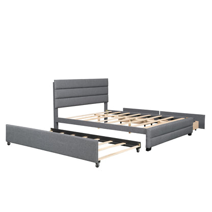 Queen Upholstered Platform Bed with Trundle and Two Drawers,Grey