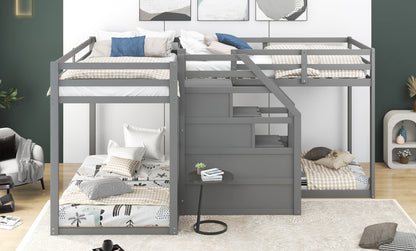 Twin over Twin L-Shaped Bunk Bed with Built-in Middle Staircase,Gray