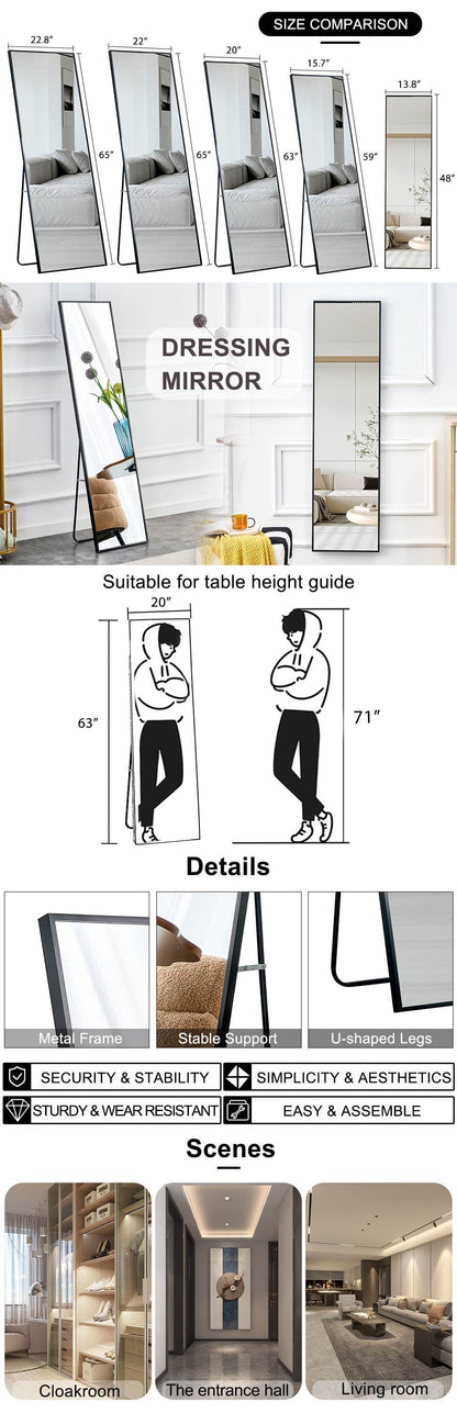 Full Length Mirror Aluminium alloy Metal Frame Wall Mounted Full Body  Mirror ,Bathroom Vanity Mirror, Bedroom Home Porch, Decorative Mirror, Clothing Store Black 48"*13.8"