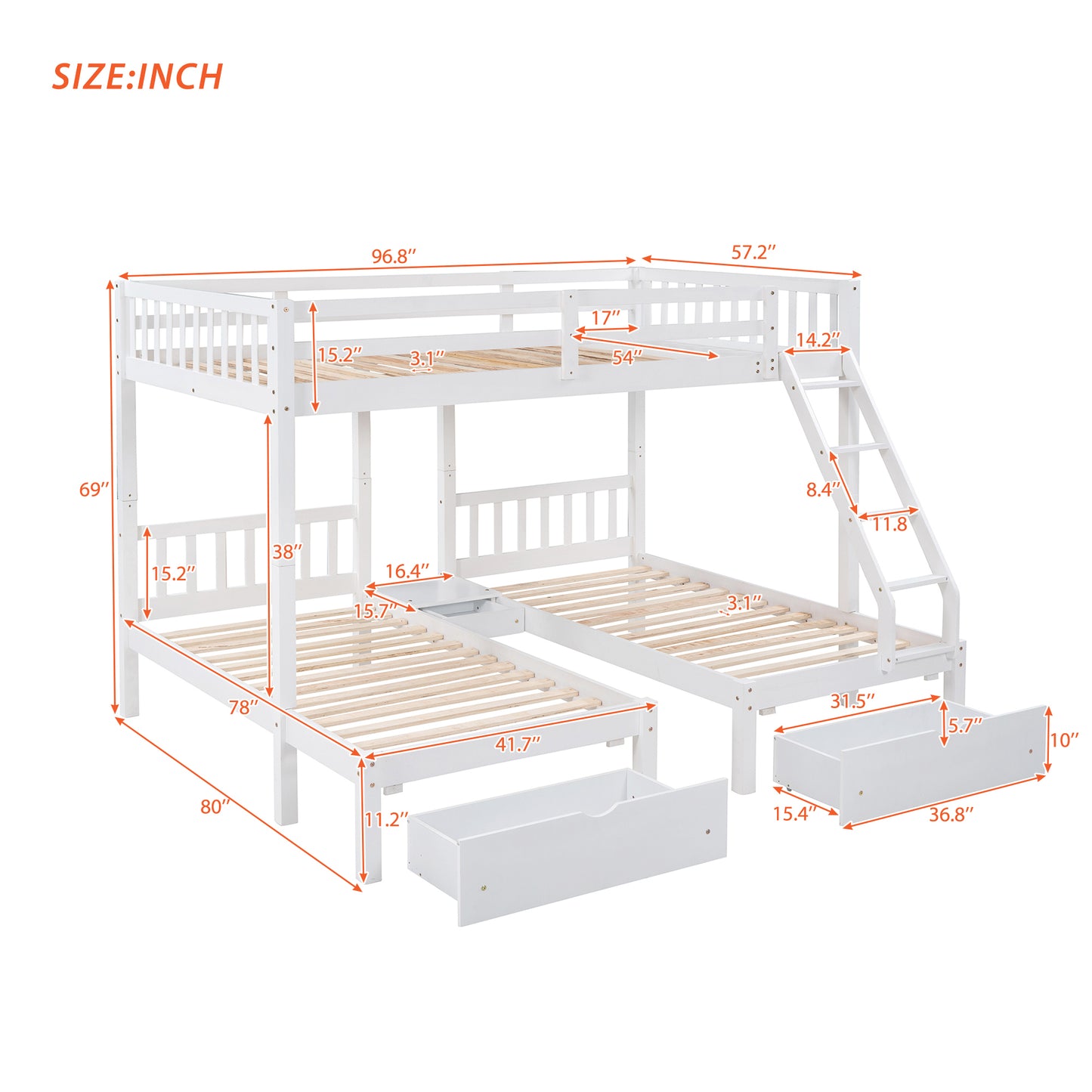 Full Over Twin & Twin Bunk Bed, Wood Triple Bunk Bed with Drawers and Guardrails  (White) （OLD SKU:LP000143AAK）