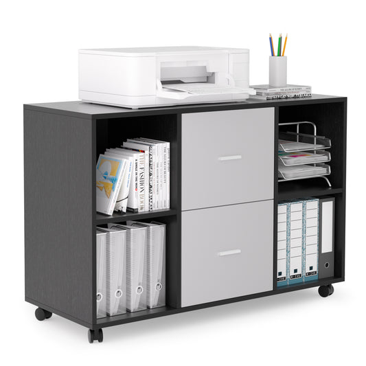 Mobile wood filing cabinet with 2 drawers and 4 open storage cabinets and wheels for home office, black oak light grey