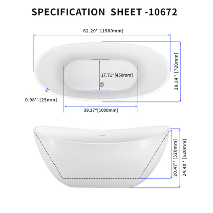 62" 100% Acrylic Freestanding Bathtub，Contemporary Soaking Tub，white Bathtub