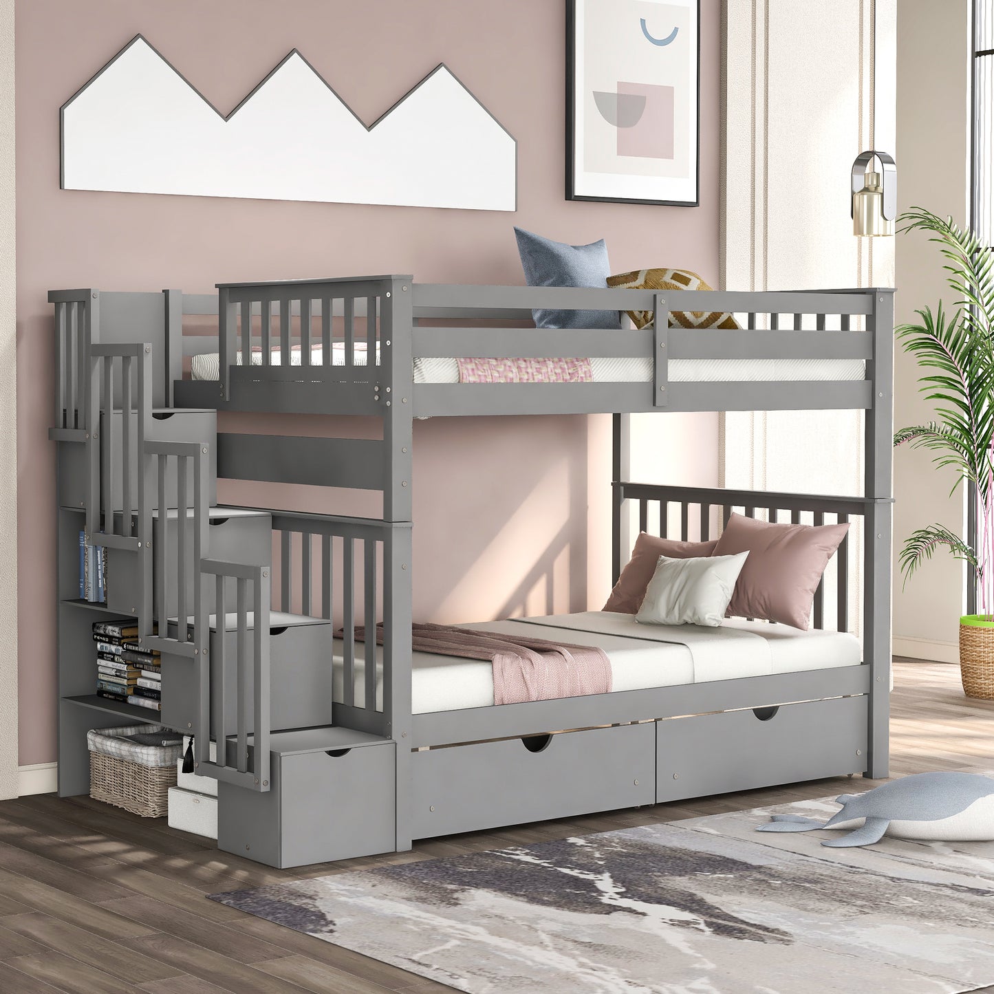 Full Over Full Bunk Bed with Shelves and 6 Storage Drawers, Gray(Old SKU：LP000046AAE)