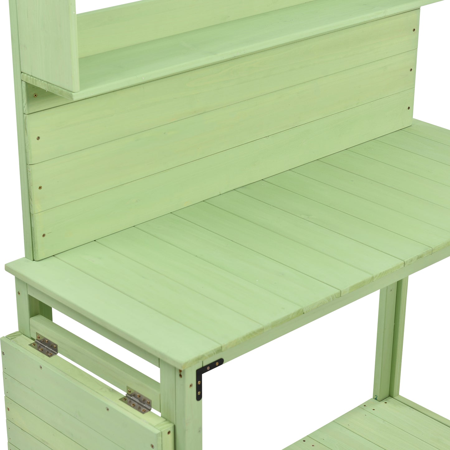 TOPMAX 65inch Garden Wood Workstation Backyard Potting Bench Table with Shelves, Side Hook and Foldable Side Table,Green