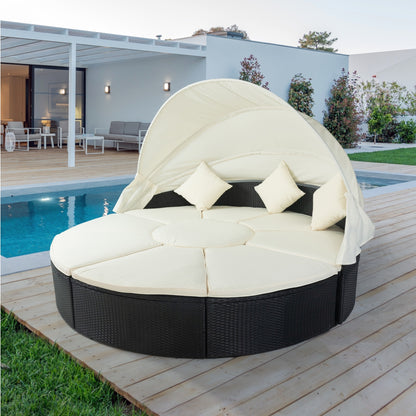 Outdoor Patio Round Daybed with Retractable Canopy Rattan Wicker Furniture Sectional Seating with Washable Cushions for Patio Backyard Porch Pool