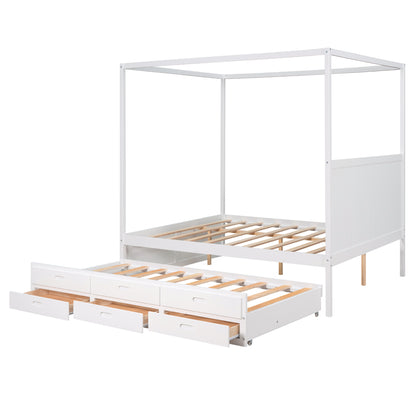 Queen Size Canopy Platform Bed with Twin Size Trundle and Three Storage Drawers,White
