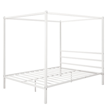 Metal Framed Canopy Platform Bed with Built-in Headboard,No Box Spring Needed, Classic Design, Queen ,White