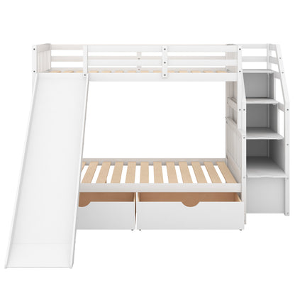 Twin over Full Bunk Bed with Drawers,Storage and Slide, Multifunction, White