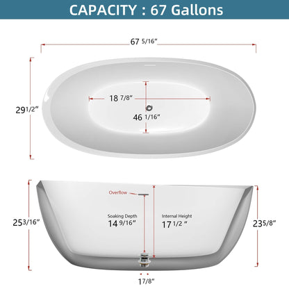 67" Acrylic Free Standing Tub - Classic Oval Shape Soaking Tub, Adjustable Freestanding Bathtub with Integrated Slotted Overflow and Chrome Pop-up Drain Anti-clogging Gloss White