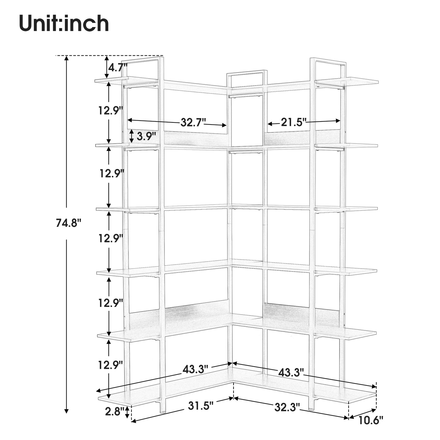 74.8 Inch Bookshelf L-shape MDF Boards Stainless Steel Frame Corner 6-tier Shelves Adjustable Foot Pads, Brown