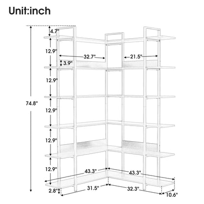 74.8 Inch Bookshelf L-shape MDF Boards Stainless Steel Frame Corner 6-tier Shelves Adjustable Foot Pads, Brown