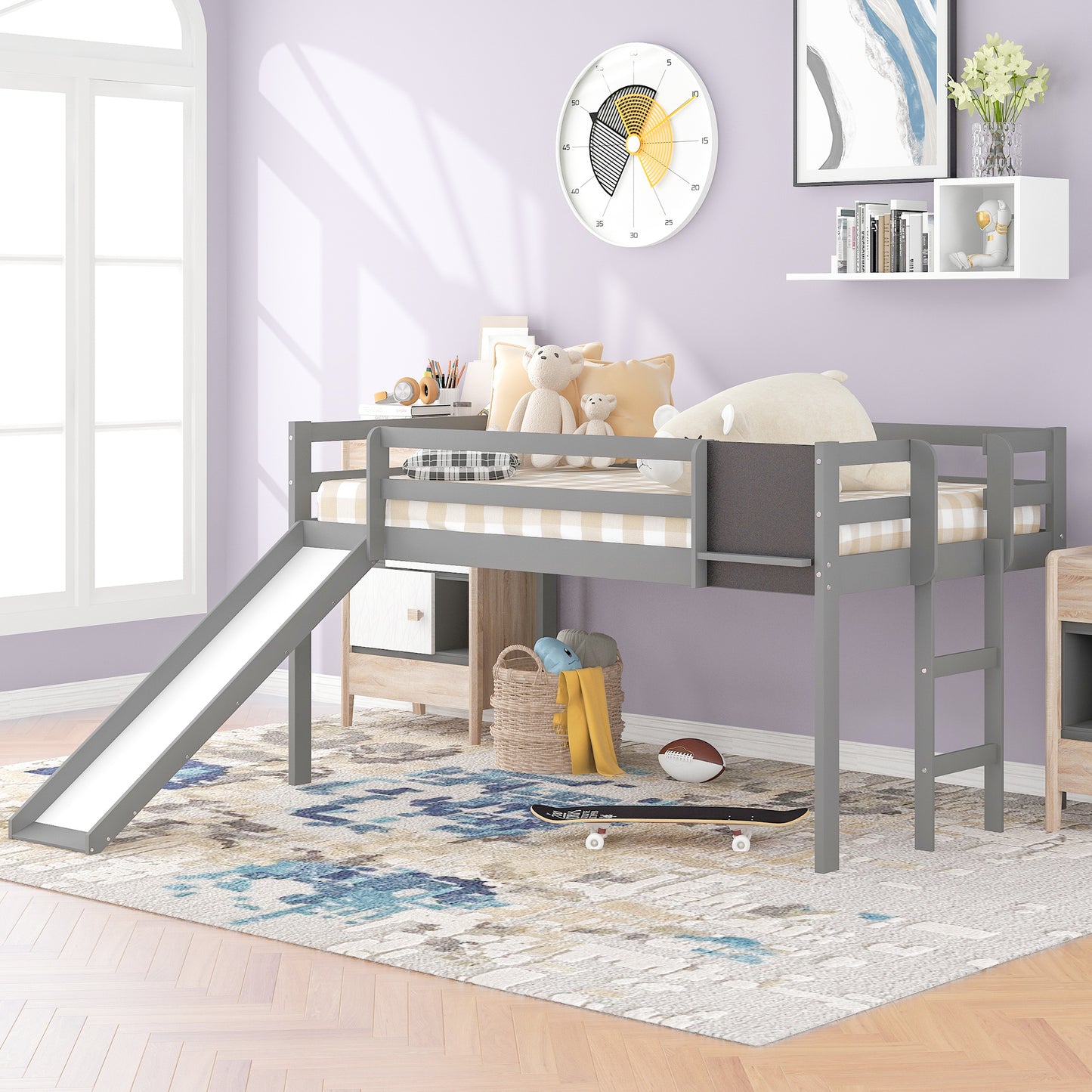 Twin size Loft Bed Wood Bed with Slide, Stair and Chalkboard,Gray(OLD SKU :WF282115AAE)