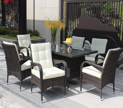 Patio 7-Piece Rectangular Dining Set with 6 Dining Chairs (Brown &Beige Cushion )