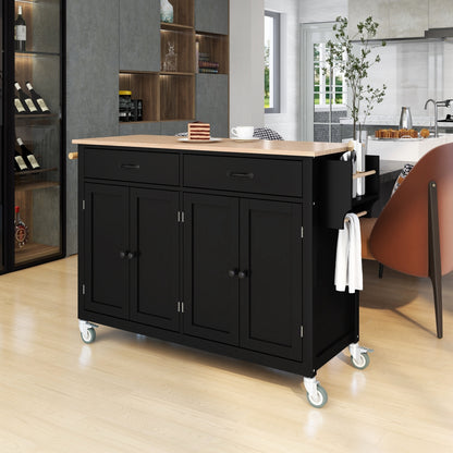 Kitchen Island Cart with Solid Wood Top and Locking Wheels，54.3 Inch Width，4 Door Cabinet and Two Drawers，Spice Rack, Towel Rack （Black）