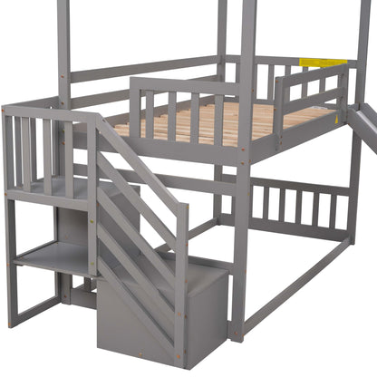 Twin over Twin House Bunk Bed with Convertible Slide,Storage Staircase can be Placed Left or Right,Gray