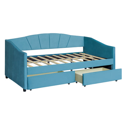 Upholstered daybed Twin Size with Two Drawers and Wood Slat  ,Blue