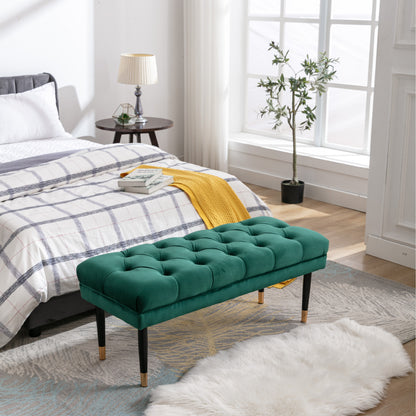 Tufted Bench Modern Velvet Button Upholstered Ottoman enches Bedroom Rectangle Fabric Footstool with Metal Legs for Living Room Entryway,Green