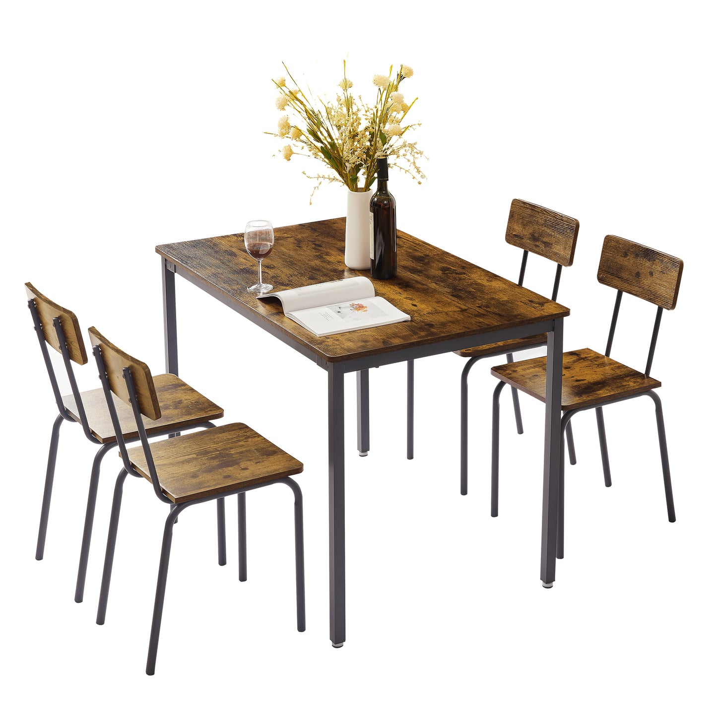 JHX Dining Table Set 5-Piece Dining Chair with Backrest，Industrial style，Sturdy construction(Rustic Brown，43.31’’L*27.56’’W*30.32’’H)