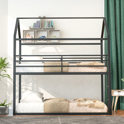 Bunk Beds for Kids Twin over Twin,House Bunk Bed Metal Bed Frame Built-in Ladder,No Box Spring Needed Black