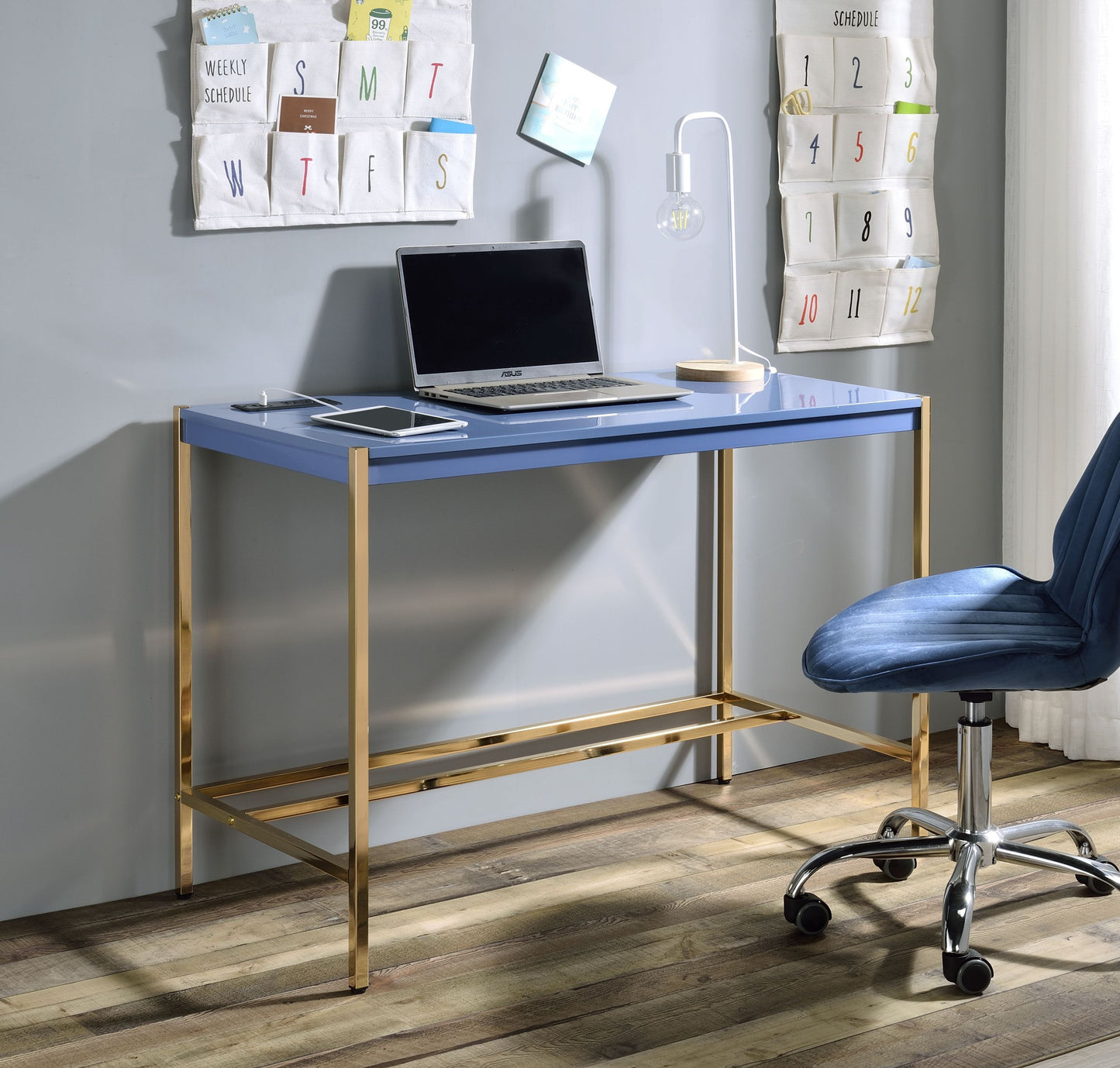 ACME Midriaks Writing Desk w/USB Port in Navy Blue & Gold Finish OF00022