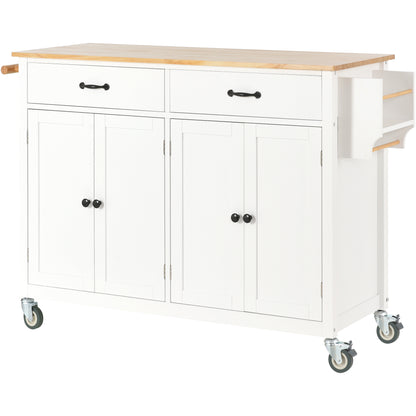 Kitchen Island Cart with Solid Wood Top and Locking Wheels，54.3 Inch Width，4 Door Cabinet and Two Drawers，Spice Rack, Towel Rack （White）