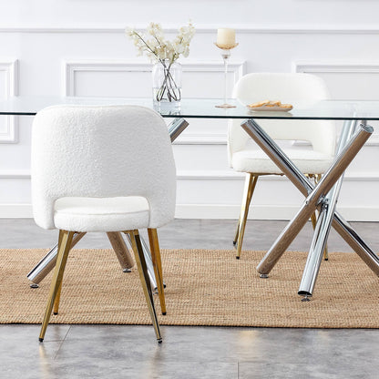 Modern Dining Chairs,Teddy Velvet Accent Chair, Living Room Leisure Chairs, Upholstered Side Chair with Golden Metal Legs for Dining Room Kitchen Vanity Patio Club Guest (Set of 2) （White  Chairs）