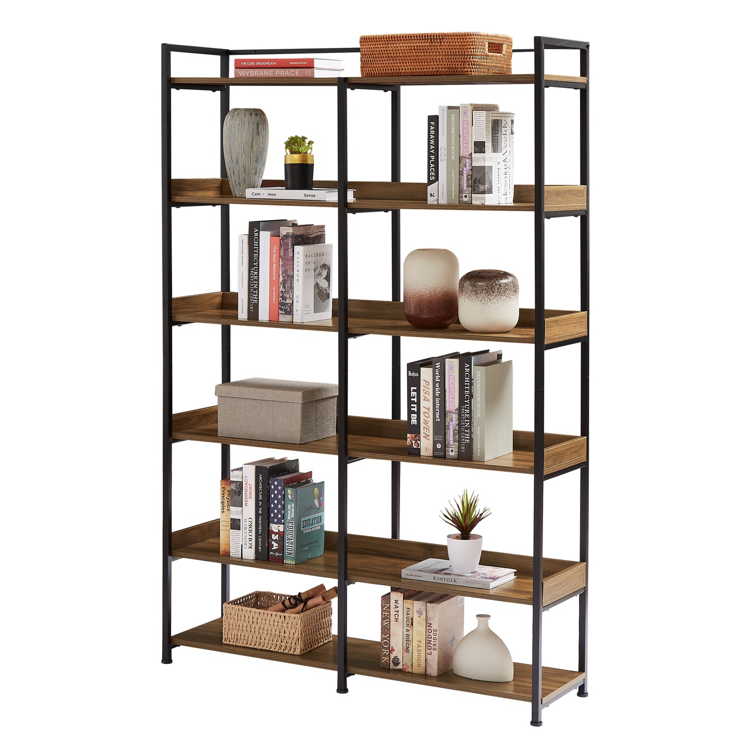 70.8 Inch Tall Bookshelf MDF Boards Stainless Steel Frame, 6-tier Shelves with Back&Side Panel, Adjustable Foot Pads, Brown