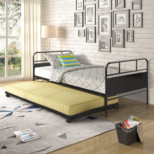 【Not allowed to sell to Walmart】Metal Daybed Platform Bed Frame with Trundle Built-in Casters, Twin Size