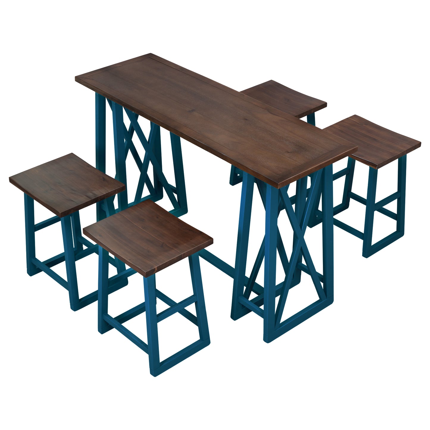 TOPMAX Rustic Counter Height 5-Piece Dining Set, Wood Console Table Set with 4 Stools for Small Places,Walnut+Blue