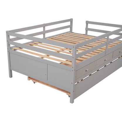 Low Loft Bed Full Size with Full Safety Fence, Climbing ladder, Storage Drawers and Trundle Gray Solid Wood Bed